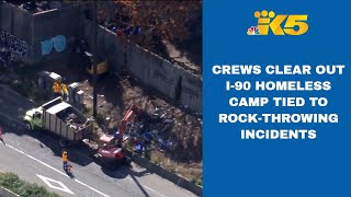 Crews clean up homeless encampments near I-90 in Seattle after rock-throwing incidents