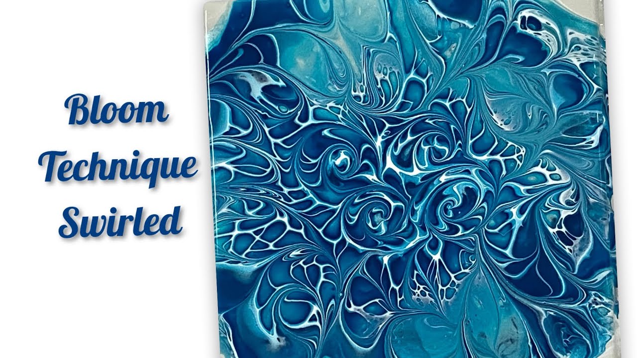 (1135) Modified Swirled Bloom, Blues, Acrylic Paint Pouring, Carole’s Art Room