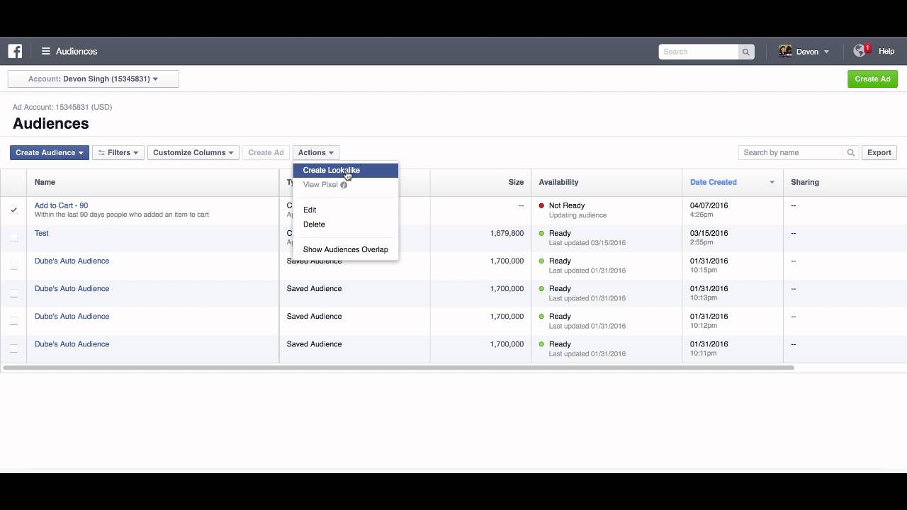 Create a Lookalike Audience from a Custom Audience