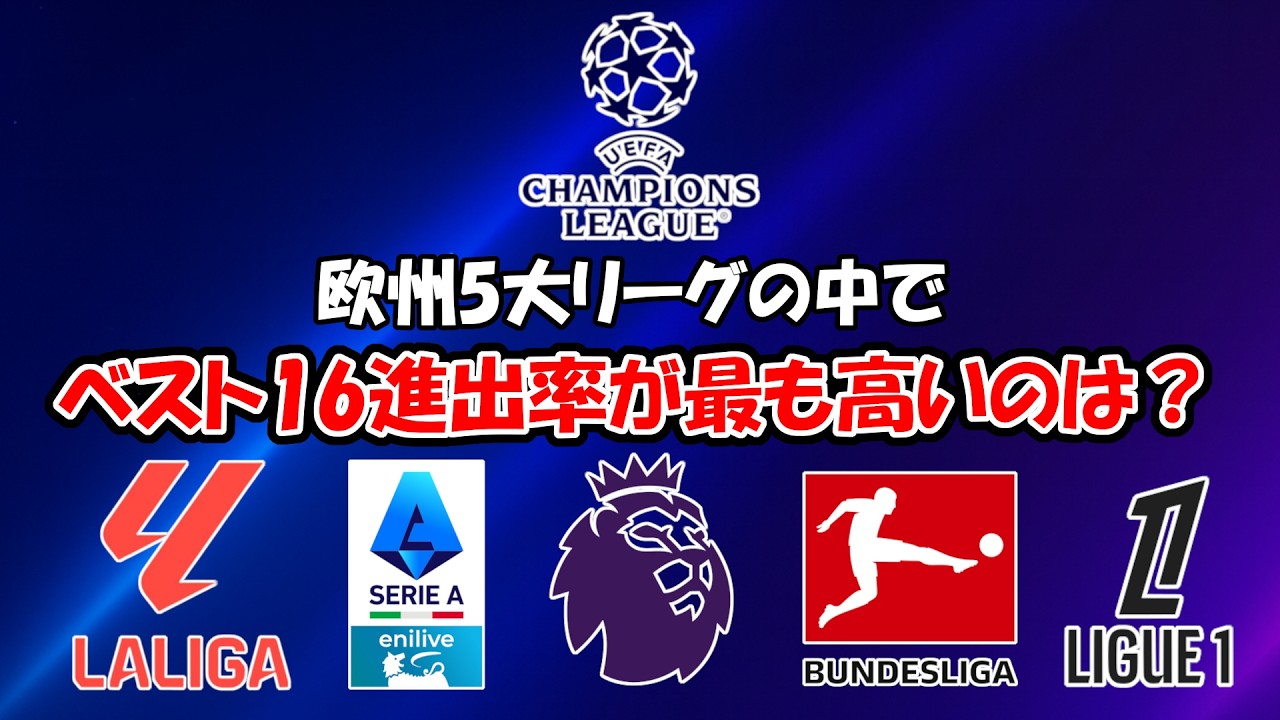 欧州5大リーグの中でチャンピオンズリーグベスト16進出率が最も高いリーグは？(プレミアリーグ、ラリーガ、セリエA、ブンデスリーガ、リーグアン)