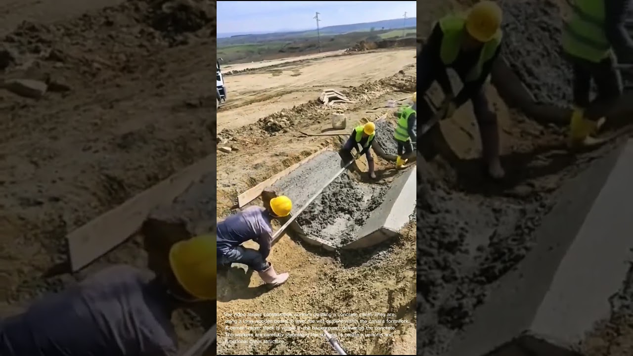 Concrete Canal Construction: Workers Leveling Cement on Construction Site