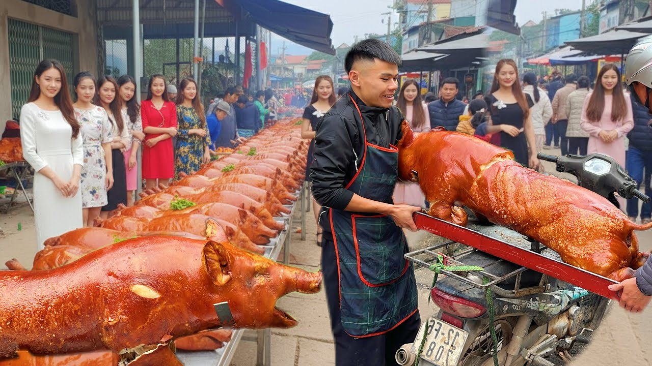 A lot of roast pigs are sold on this street and the sellers are all masters of knives