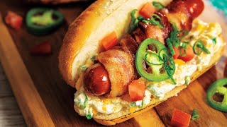 Grilled Bacon-Wrapped Hot Dogs with Jalapeño Popper Cheese