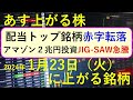 あす上がる株　2024年１月２３日（火）に上がる銘柄　～最新の日本株での株式投資のお話です。初心者でも。TOYO TIREが文春砲を全面否定、アマゾンの２兆円投資でJIG-SAWが急騰～