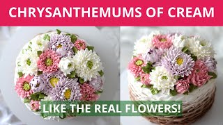 Chrysanthemums of  Italian meringue cream. How to decorate a cake with cream flowers.