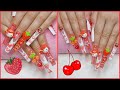 🍒Red XXL Square Jelly Cherry &amp; Strawberry Fruit French Kawaii Polygel Nails Tutorial🍓