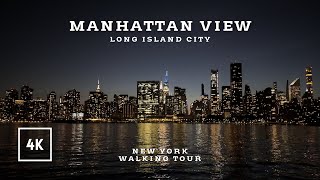 New York walking tour  Long Island City, stunning sunset and Manhattan at night view 4K