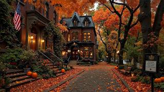 Walking Past an Old Library in Autumn Boston 🍂 Warm Jazz, Falling Leaves & Quiet Moments to Unwind ☕