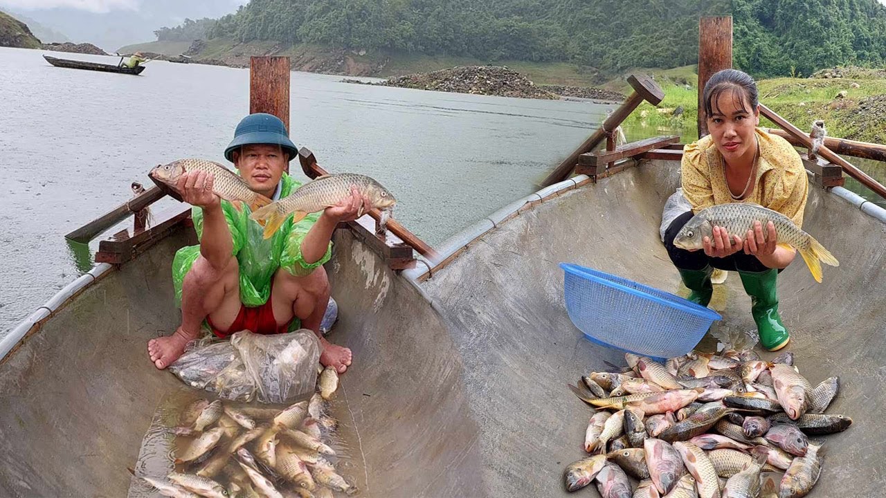 Harvesting Fish under heavy rain, Cast Net Fishing Go to the village to ...