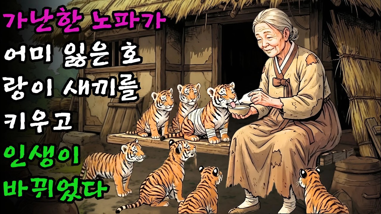 가난한 노파가 굶주림을 참고 어미를 잃은 호랑이 새끼들을 키웠고, 그로 인해 인생의 전환점이 찾아왔다