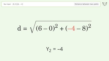 Find the distance between two points p1 (0,8) and p2 (6,-4): Step-by-Step Video Solution