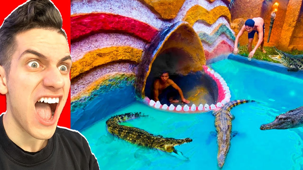 PRIMITIVE BUILDING UNDERGROUND TUNNEL WATER SLIDE PARK Into SWIMMING POOL HOUSE (Try Not To Say WOW)