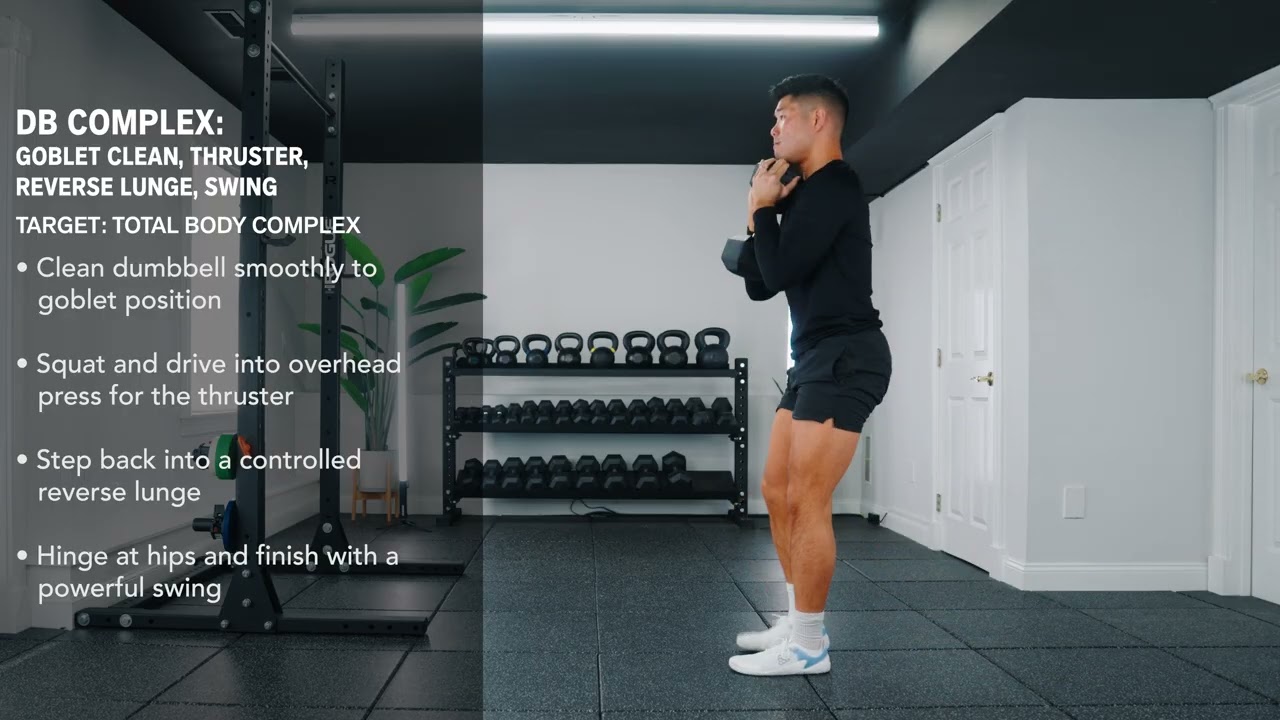 DB Complex: Goblet Clean, Thruster, Reverse Lunge, Swing