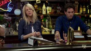 Its always sunny in philadelpia s11e01 scene. frank and the gang
brainstorm about name of game. dee is being a bird.