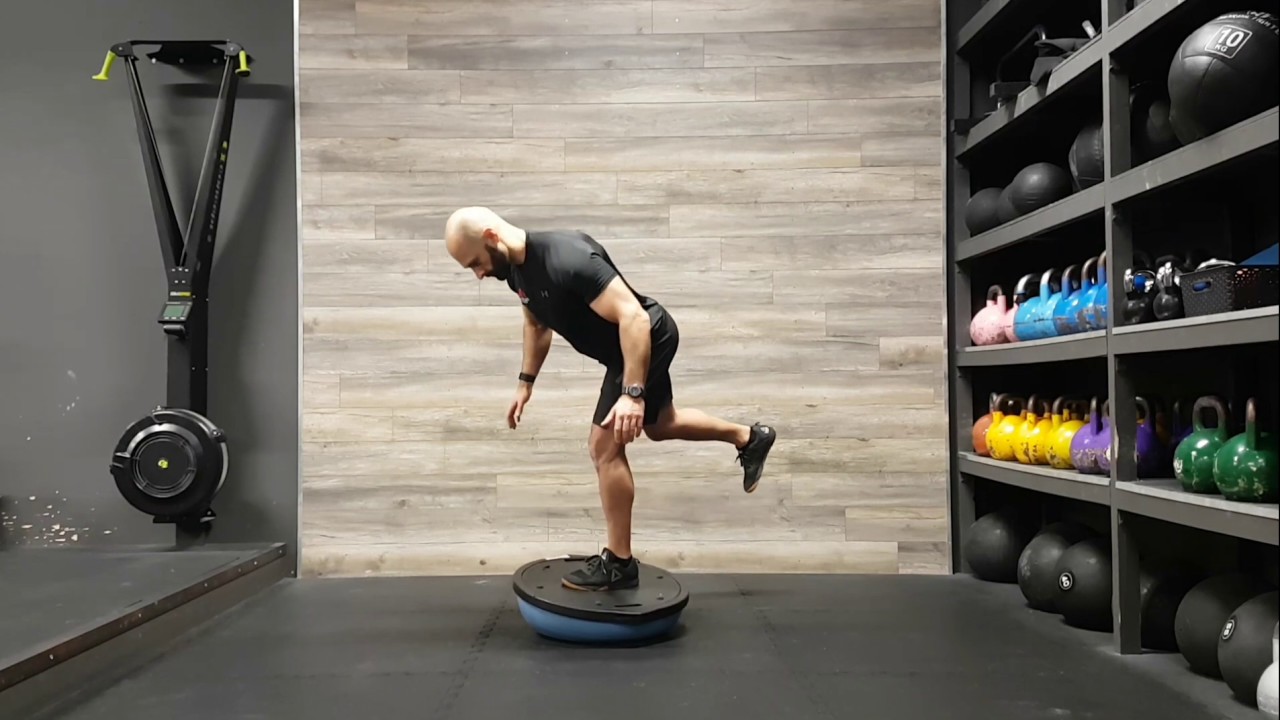 Single leg Romanian deadlift on Bosu with flat side up - YouTube