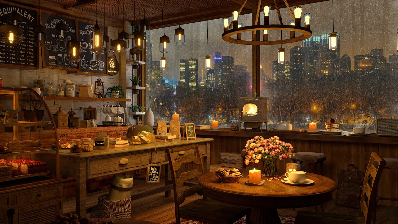 A Rainy Day in 4K Cozy Coffee Shop  Background Instrumental to Relax Study Work