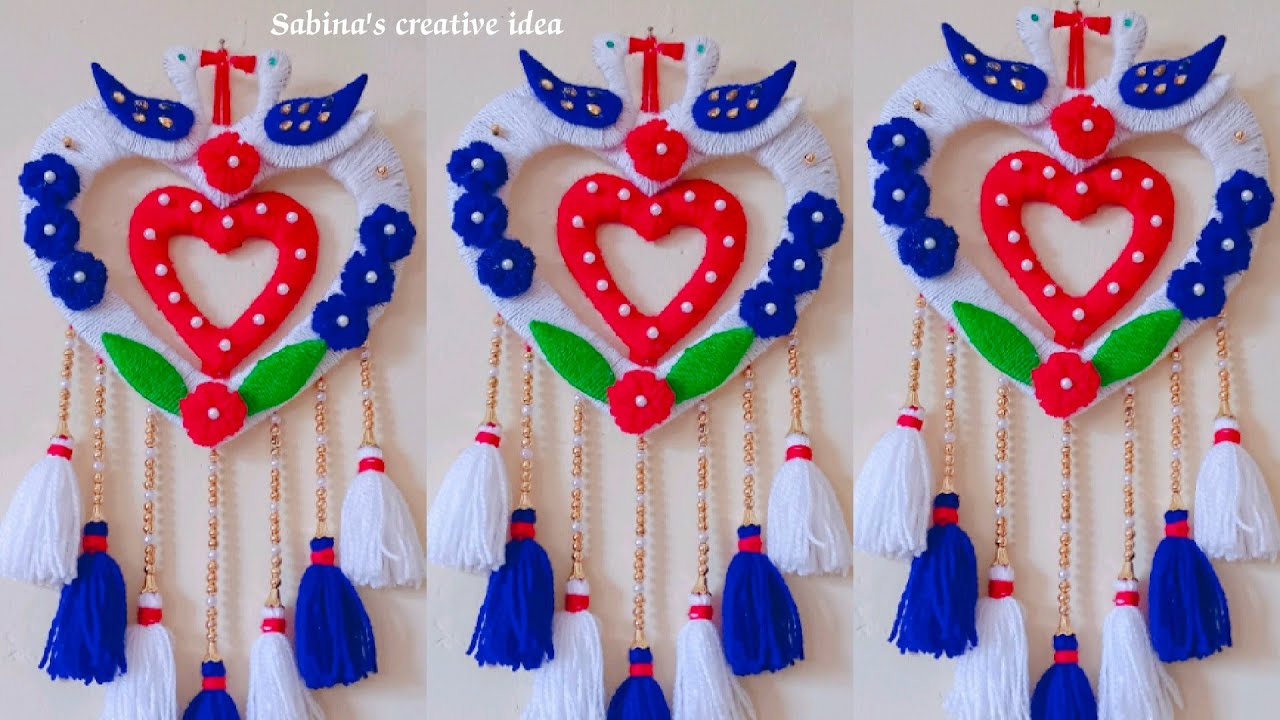 New Design Heart Woolen Wall Hanging Craft Ideas/ Thread Wall Hanging