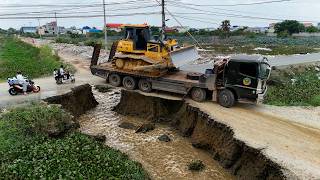 Amazing NEW Landfill Project BY SHANTUI Dozer Pushing Land Stone Into Land Sink &amp; Dump Trucks