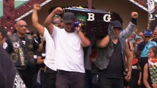 Black Power members perform powerful haka as gang lord's coffin carried from marae Black Power members perform powerful haka as gang lord's coffin carried from marae