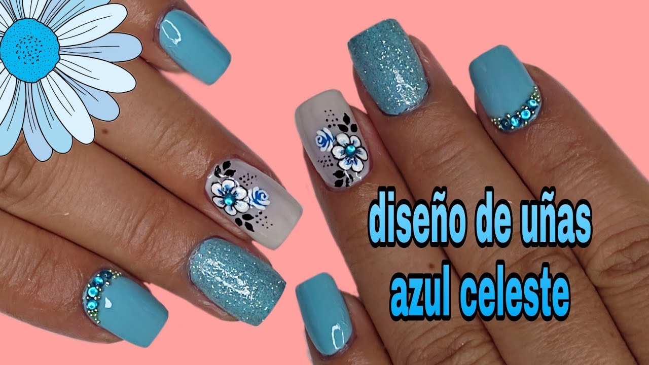 Diseños de uñas /Color azul celeste/con flores 🌸😍/sky blue nail design. -  thptnganamst.edu.vn