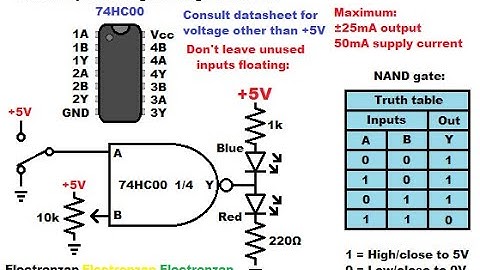 7400 74HC00 quad 2 input NAND logic gate integrated circuit demonstration circuit with LEDs how to
