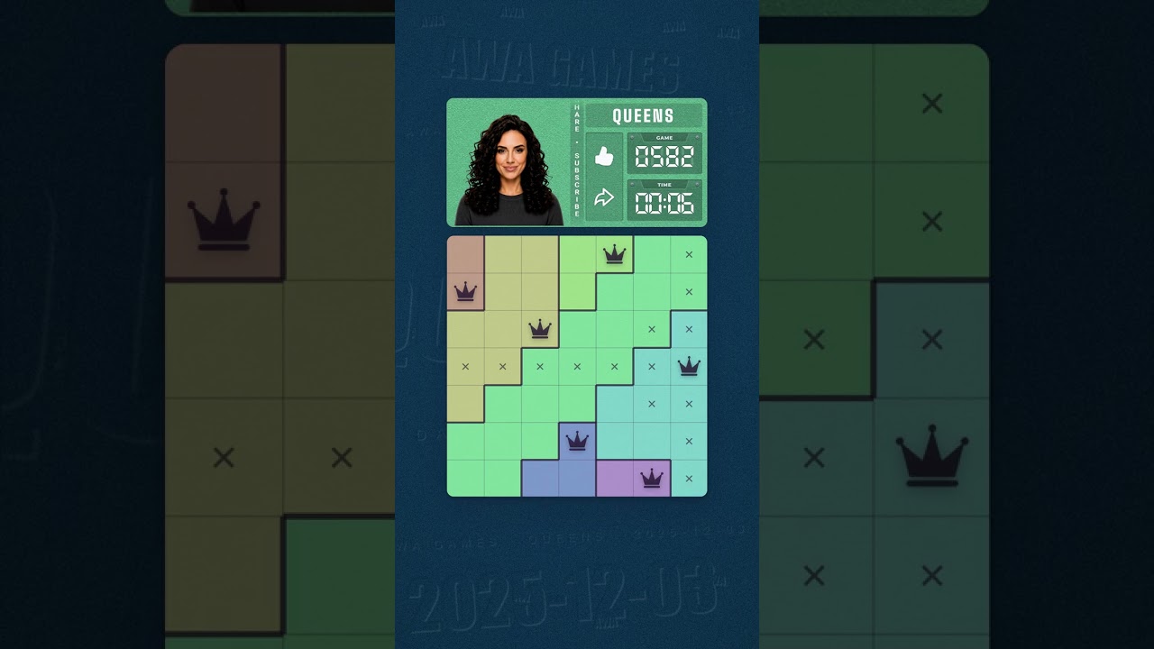 LinkedIn Queens #582 solved board for December 3, 2025, 7x7 grid