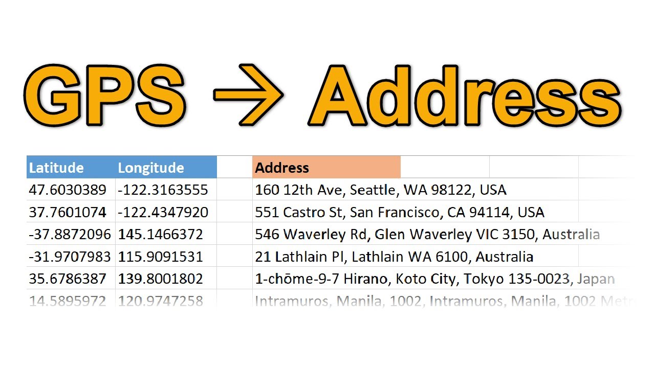 address GPS coordinates with Excel