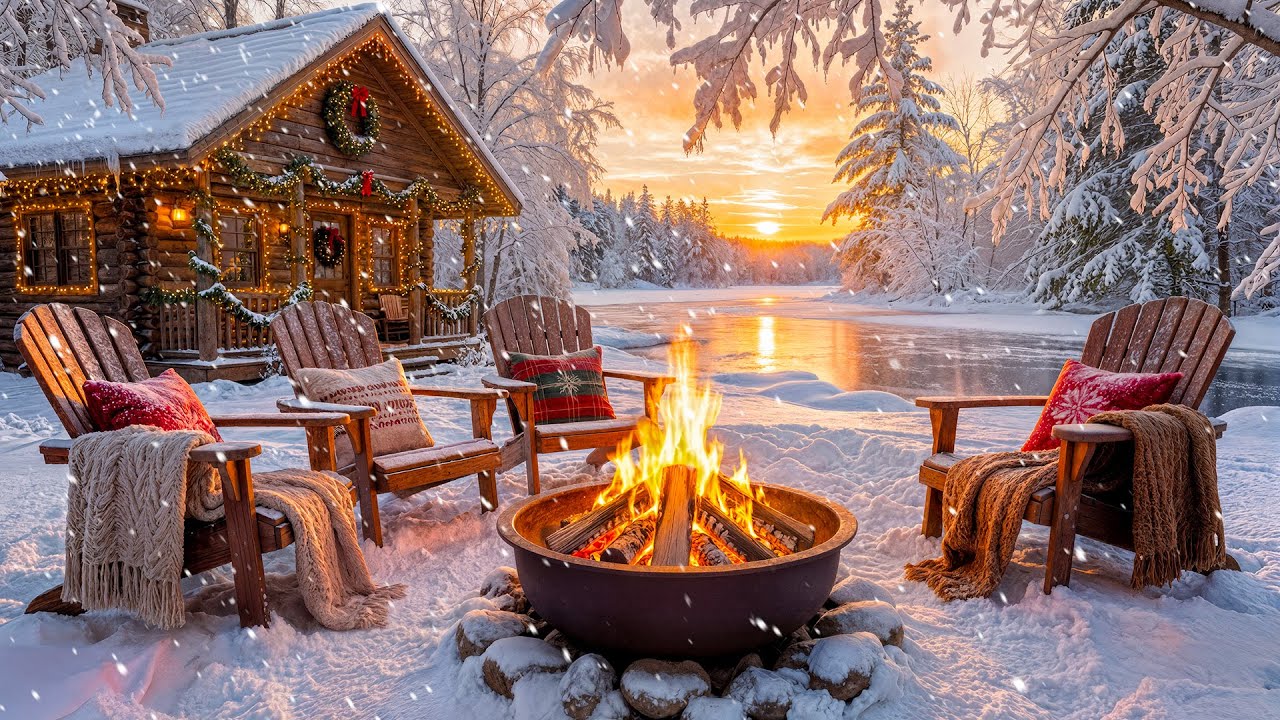 Cozy Winter Cabin Sunset by the Frozen Lake ❄️🔥 Relaxing Campfire & Christmas Ambience for Study