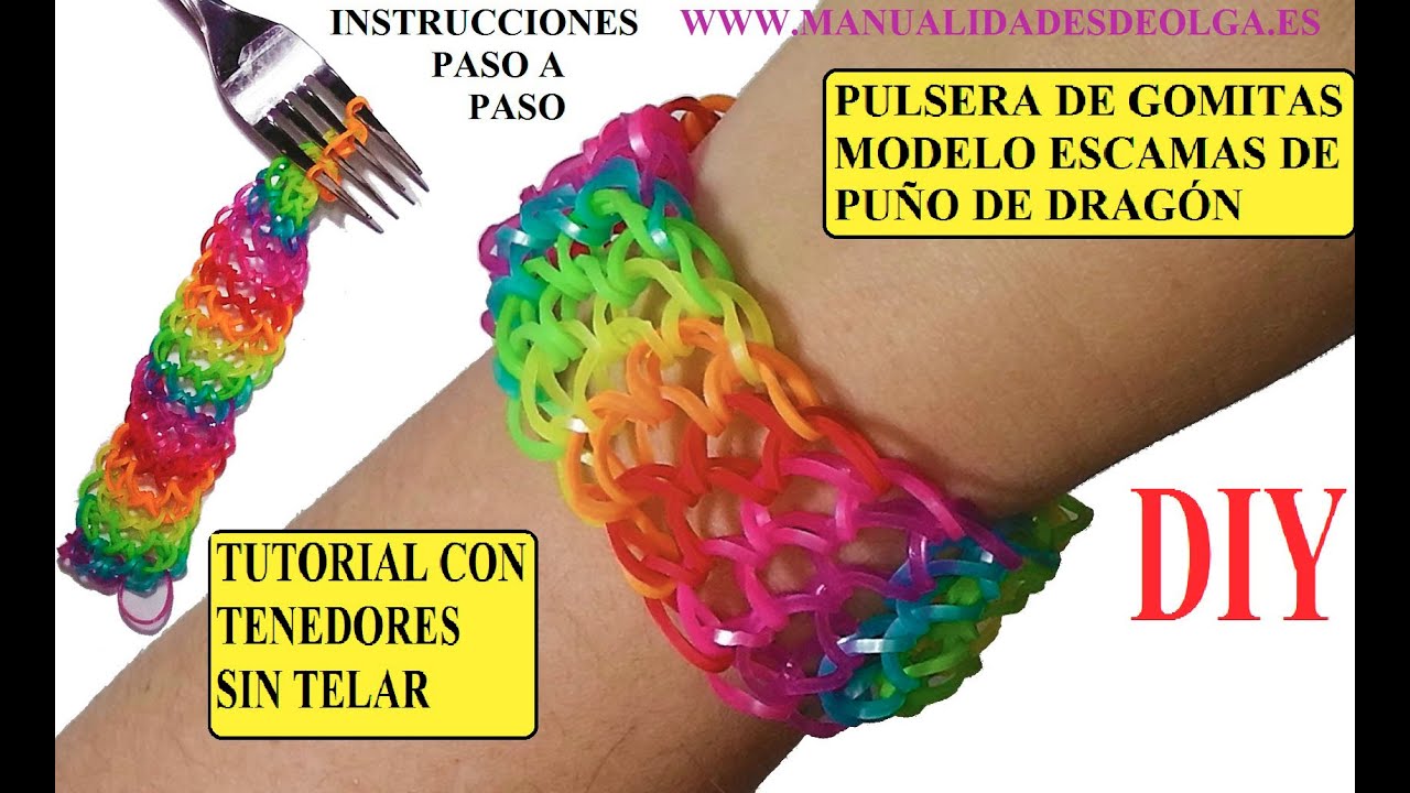 COMO HACER UNA PULSERA MODELO ESCAMAS DE PUÑO DE DRAGÓN SIN TELAR CON TENEDORES. TUTORIAL DIY