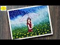 Rainy season drawing  rainy day painting with acrylic colors  girl with umbrella painting