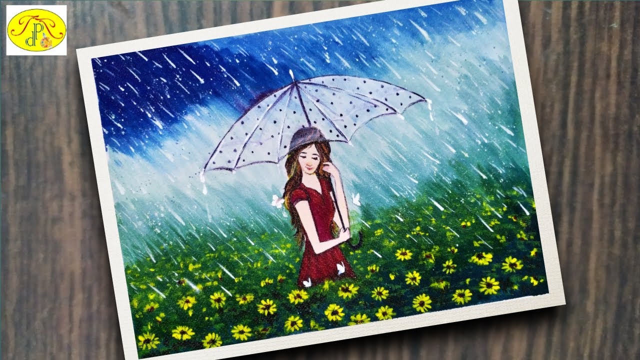 Rainy Season Drawing | Rainy Day Painting with Acrylic Colors | Girl