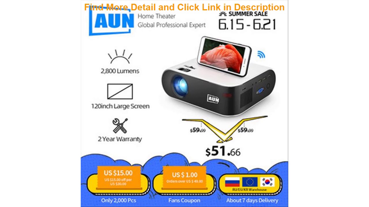 Best AUN MINI Projector W18  2800 Lumens  854x480P  Optional Wireless Sync Display For Phone (W18C)