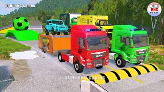 Double Flatbed Trailer Truck vs Speedbumps Train vs Cars | Tractor vs Train Beamng.Drive 186