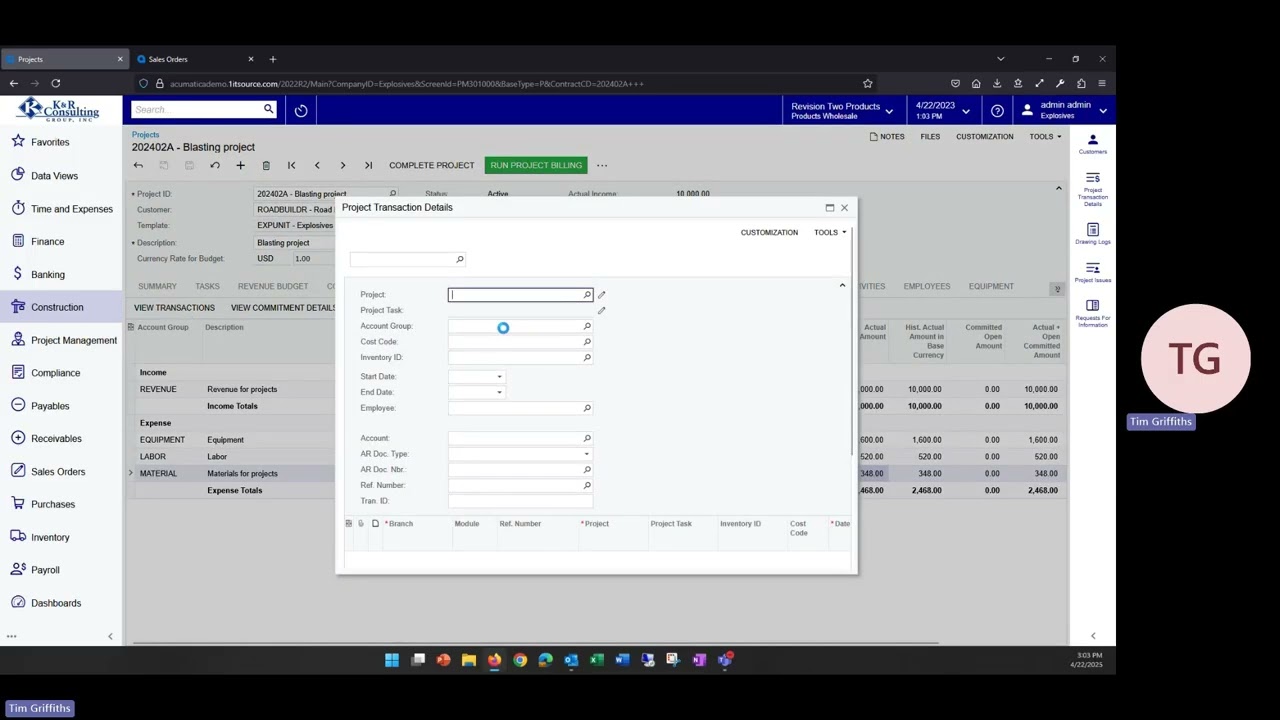 Acumatica Robust  Project Job Cost For The Explosives and Blasting Industry