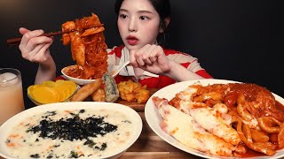 SUB)처음 도전하는 오리지널맛 엽기떡볶이 먹방!🔥계란야채죽에 치즈 당면 베이컨 햄까지 왕창 추가하기 리얼사운드 Tteokbokki & porridge Mukbang Asmr
