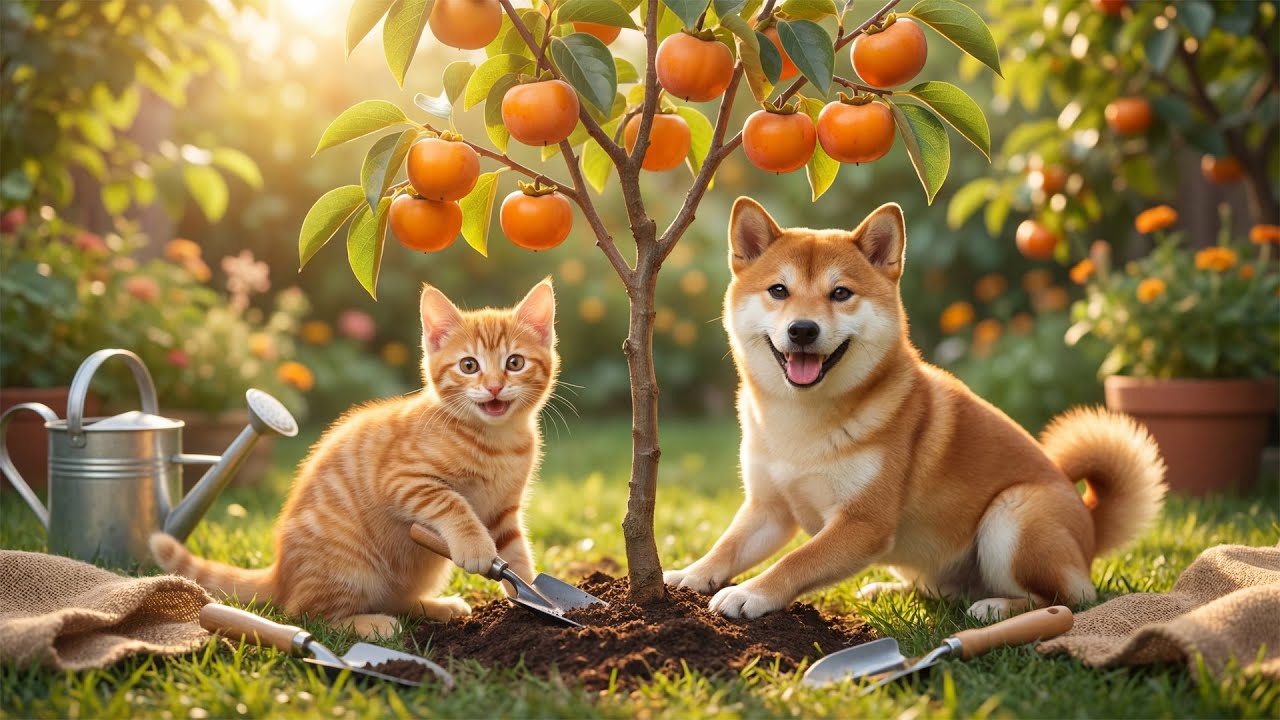 子犬クロと子猫ミミと過ごす柿の収穫日｜心温まる秋の物語🍂