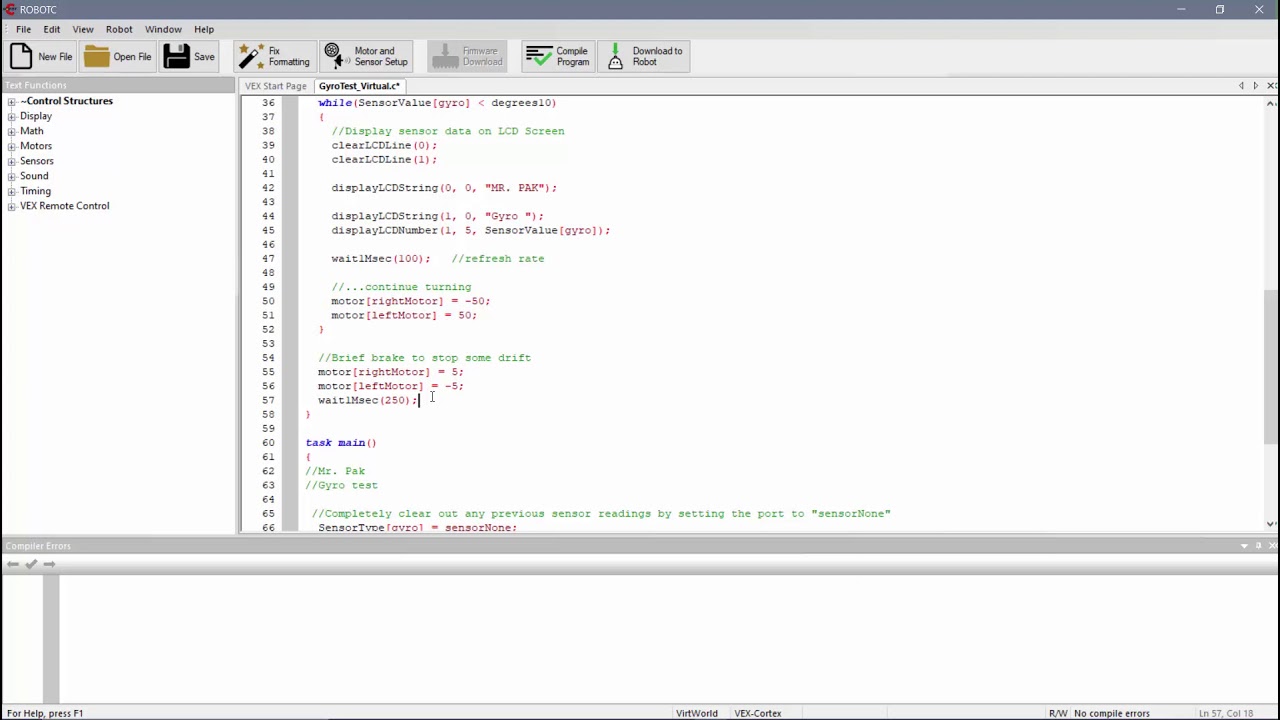 Robot Virtual Worlds | Using the Gyroscope & LCD with the Turning Utility