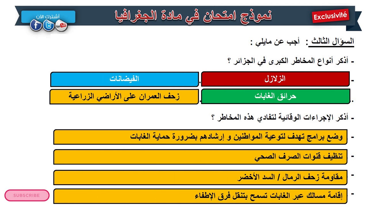 حل امتحان الفصل الثالث في مادتي التاريخ و الجغرافيا (3)/ السنة الرابعة ابتدائي 2019