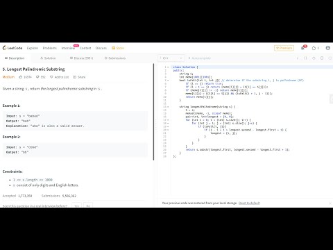 Leetcode 5 - Longest Palindromic Sub-String - C++ - O(n^2)