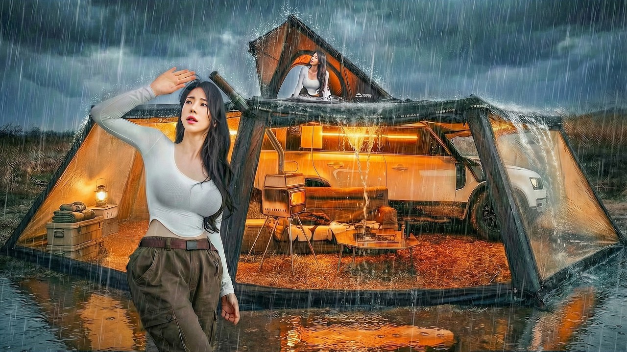 ⁣☔️RAINY CAR CAMPING WITH A GIANT AWNING ROOM