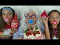 Giant strawberry challenge cake candy soda granny victoria annabelle toy freaks  reuploaded 