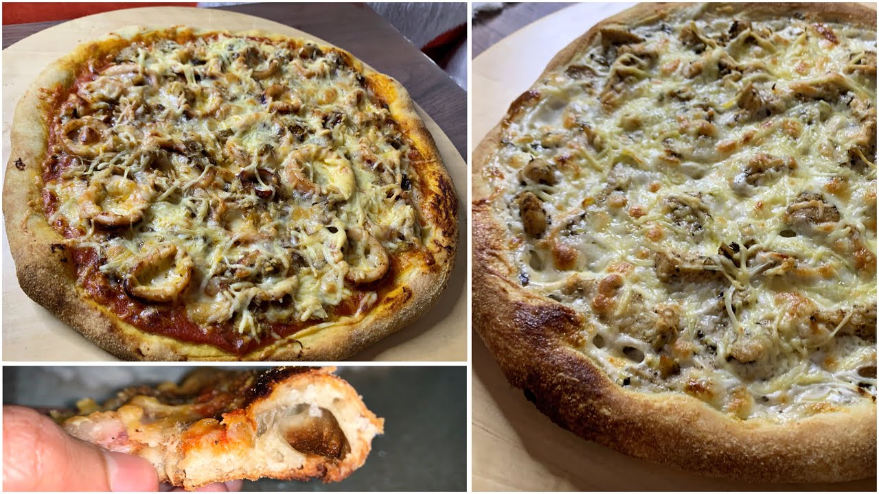 بيتزا بعجينة سحرية / بيتزا بالصلصة البيضاء و الدجاج و بيتزا بصلصة الطماطم و الكلامار أحسن من المطاعم
