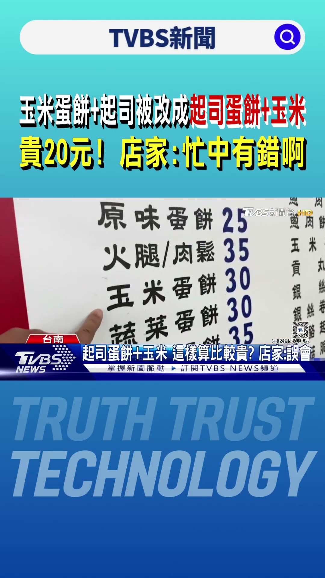 玉米蛋餅+起司被改成起司蛋餅+玉米 貴20元! 店家:忙中有錯啊｜TVBS新聞 @TVBSNEWS01