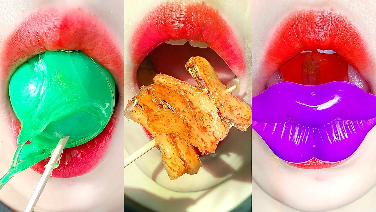 asmr TANGHULU GUMMY LIPS CANDY SPICY MALA SWEET ONION CHOCOLATE PRETZEL CARROT GRAPE eating
