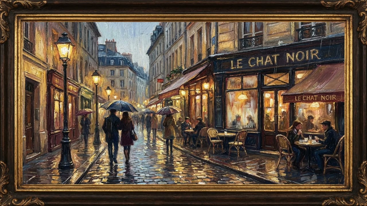 Midnight in Montmartre | Rainy Paris Café Street – “Le Chat Noir” | 4K Vintage Framed Art