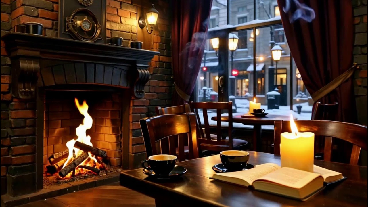 Snowy Night Jazz Piano ❄️ Cozy Cafe Fireplace Ambience | Deep Sleep Music