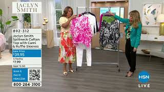 Jaclyn Smith Splitneck Caftan Top with Cami and Ruffle S...