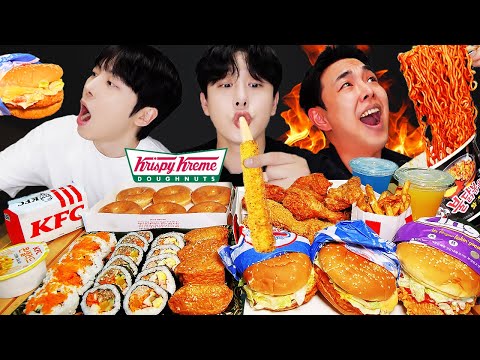 ASMR MUKBANG | ateş eriştesi, Cheetos, kızarmış tavuk, hamburger, peynirli çubuk, market