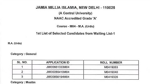 jmi ma urdu waiting list||selected candidates||2nd cut off