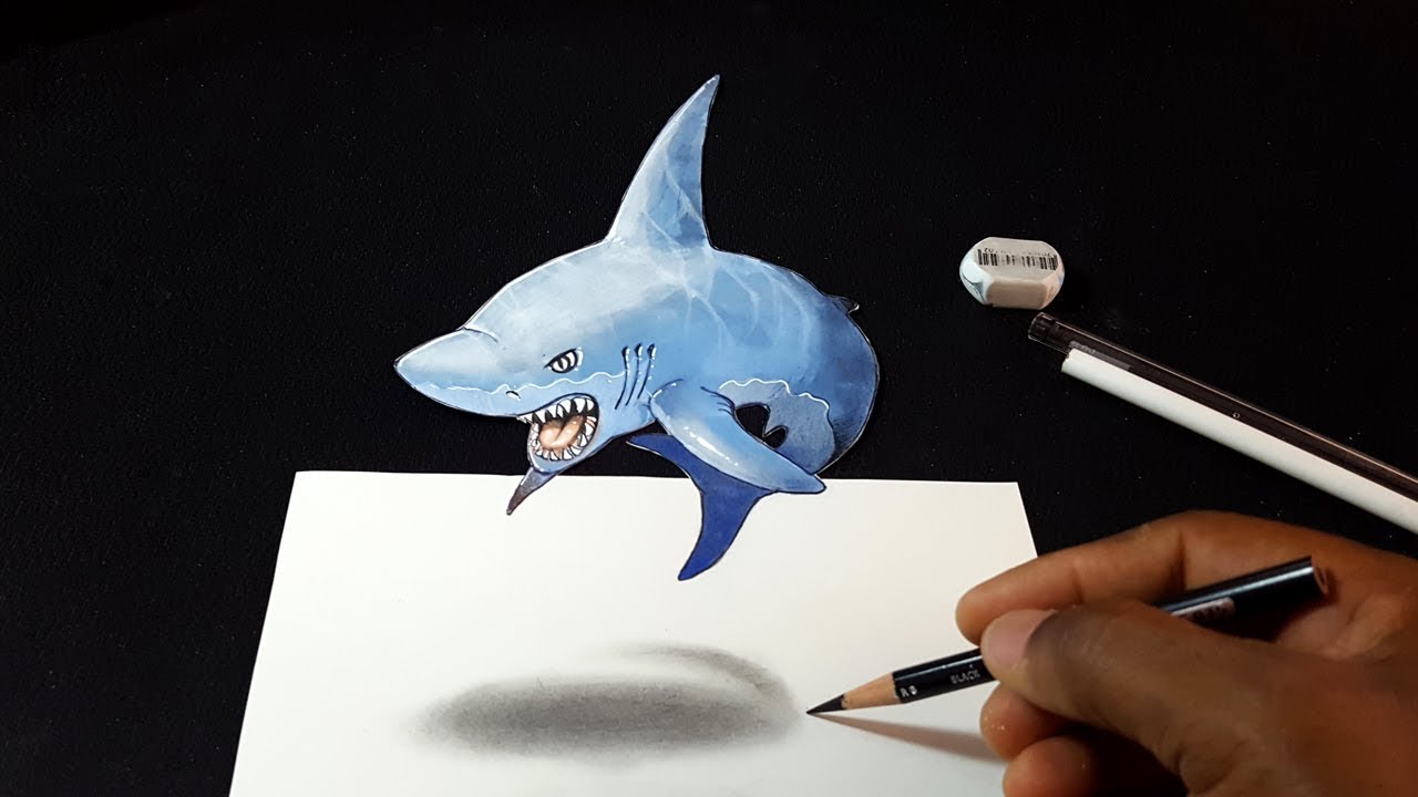 How To Draw 3d Shark In The Air Easy 3d Drawing Youtube 3d Drawings Realistic Drawings 3d Art Drawing